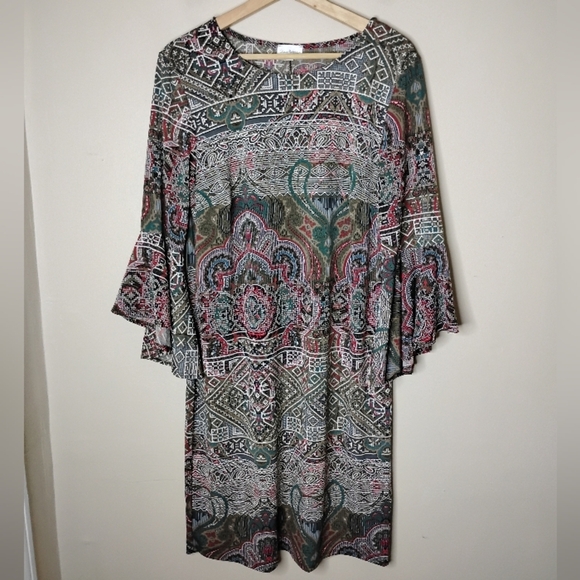 Vintage Boho Bell Sleeve Dress 1X Olivia Matthews Stretch Knit Fall Retro - Picture 2 of 8